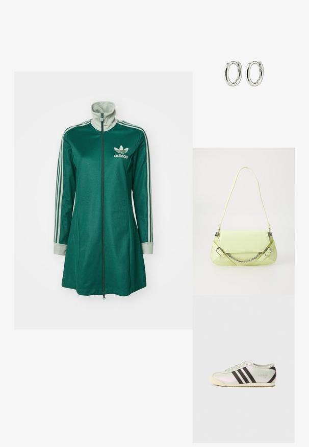 Grøn zip-up athletic jakke med høj krave, tre hvide striber på ærmerne, cremefarvede manchetter og Adidas-logo på brystet.; Lav sko med skinnende mintgrøn overdel, tre sorte striber og en tekstureret cremefarvet gummisål. Minimalistisk design med logodetalje.; Limegrøn syntetisk håndtaske med en glat overflade, en aftagelig kædestrop og dekorative spænder; rektangulær form med indsnævrede sider.; Sølv hoops øreringe med en glat, shiny finish. Rundet form med en sikker lukning. Minimalistisk design med en subtil twist-detalje.