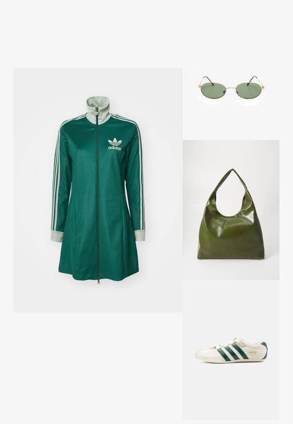 Grøn zip-up athletic jakke med høj krave, tre hvide striber på ærmerne, cremefarvede manchetter og Adidas-logo på brystet.; Hvid sneaker med grønne striber, en velcrolukning og teksten "Tokyo" på siden, vist fra den ydre side på en hvid baggrund.; Ovære solbriller med guldramme i metal og grøntonede linser med tynde arme, der hviler på en hvid overflade.; Grøn læder hobo taske med en slouchy design, buet håndtag og glat tekstur. Indeholder ingen synlig hardware eller accenter.