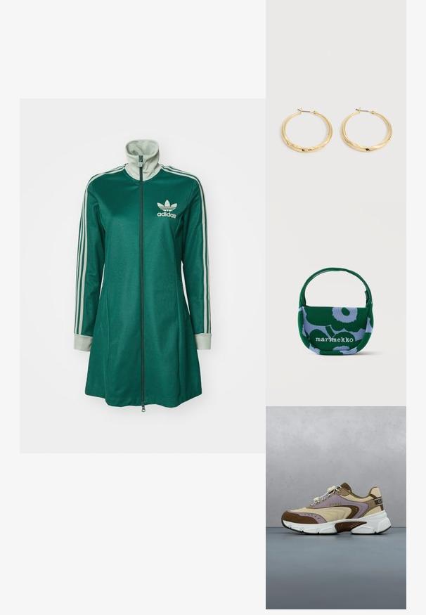 Roheline tõmblukuga spordijope kõrge kraega, kolme valge triibuga varrukatel, kreemjad mansetid ja Adidas logo rindkerel.; Beež ja pruun spordijalats lilla aktsendiga, tekstuurse võrguga ja siledatest materjalidest, valge tallaga ja kaubamärgiga paelahoidjaga.; Väike roheline ja helelilla lillemustriga kangast käekott ühe käepidemega, esiküljel tekst "marimekko".; Paari poleeritud kuldsete rõngakujuliste kõrvaklappidega, millel on õhukesed varred ja liigendlukud, kuvatakse ühevärvilisel heledal hallil taustal.
