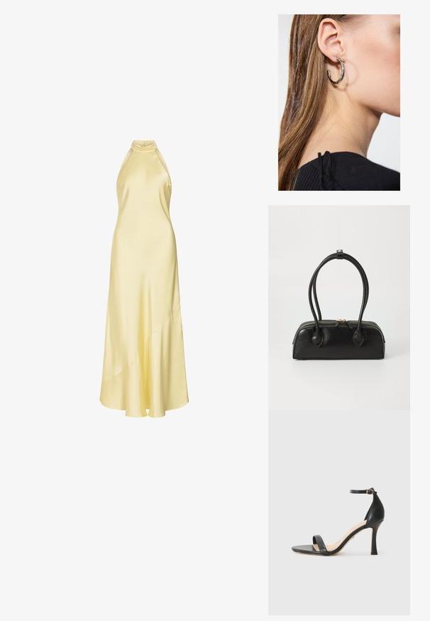 Robe sans manches en satin jaune pâle avec un col haut de type licou, un corsage ajusté et un ourlet asymétrique fluide.; Sandale à talons hauts en cuir noir avec une fine bride de cheville, bout ouvert et un talon élégant et courbé. Semelle texturée et design minimaliste.; Sac à main en cuir noir avec deux anses allongées, fermeture éclair et forme arrondie ; texture lisse avec une finition légèrement brillante.; Boucle d'oreille en argent avec une finition polie, présentant de petits détails en or et de forme ronde, portée sur le lobe.