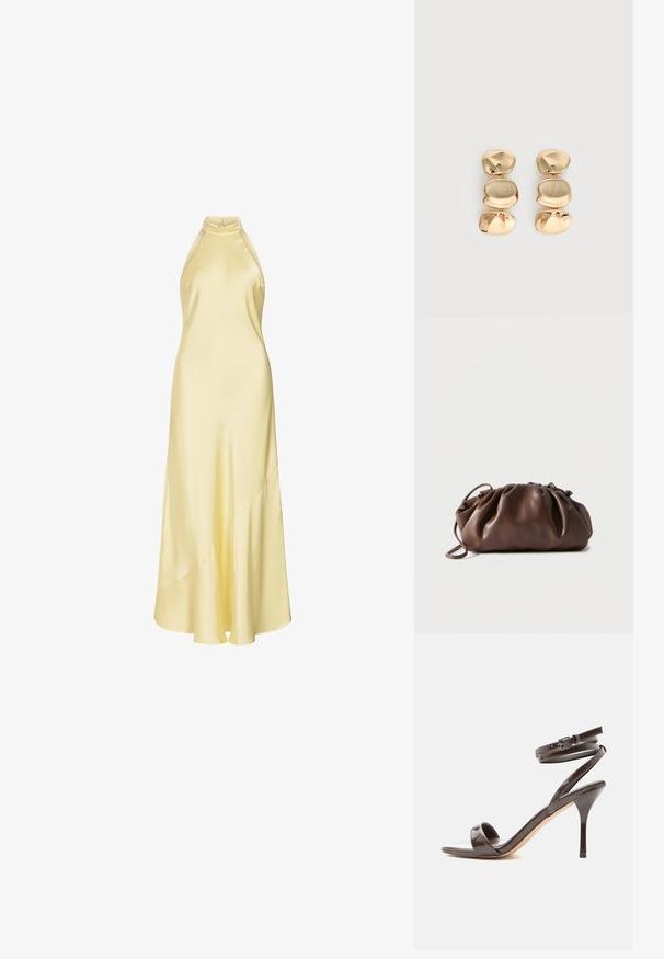 Robe sans manches en satin jaune pâle avec un col haut de type licou, un corsage ajusté et un ourlet asymétrique fluide.; Sandale à talon haut en cuir verni marron foncé avec une fine bride autour de la cheville et un bout ouvert sur fond blanc.; Sacoche en cuir marron doux avec un haut froncé et une fine bandoulière, posée sur un fond blanc.; Boucles d’oreilles pendantes ton or avec trois segments irréguliers, lisses et arrondis empilés verticalement sur un fond clair uni.