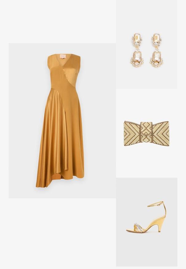 Roksanda WASHED SILK SATIN MIRAL DRESS - Cocktailjurk - mustard; Gouden sandalen met hakken en een gestructureerd ontwerp, met een band versierd met steentjes. Open teen, verstelbare enkelriem en een taps toelopende hak.; Clutch tas in de vorm van een strik, versierd met gouden kralen en crèmekleurige parels in geometrische patronen op een witte achtergrond.; Gouden druppel oorbellen met grote rechthoekige en ronde heldere kristallen, vergezeld van kleinere accentstenen, die een gelaagd ontwerp creëren.