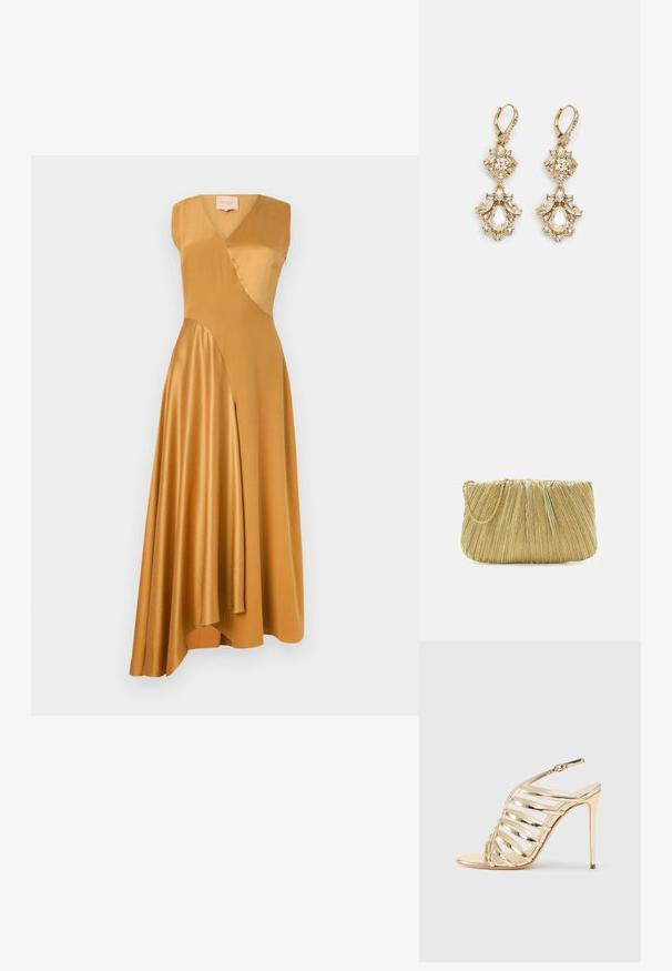 Roksanda WASHED SILK SATIN MIRAL DRESS - Kokteilikleit/peokleit - mustard; Kuldne metallik toonis kõrge kontsaga sandaal avatud varbaga, millel on ristatud rihmad ja sääreümbrisega tagant kinnituv disain. Sile tekstuur läikiva viimistlusega.; Loeffler Randall BRIT PLEATED FLAT - Väike käekott - gold-coloured; Kuldtooniga ripatsiga kõrvarõngad, mis esitlevad klastridisaini, millel on ümmargused ja tilgasjad selgelt kristallid, näidates keerukat detaili.