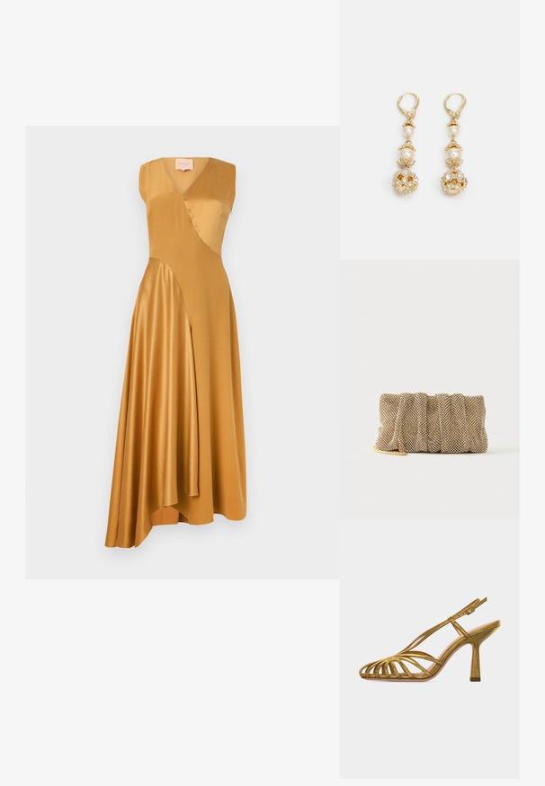 Roksanda WASHED SILK SATIN MIRAL DRESS - Cocktailkjole / festkjole - mustard; Guldfarvet sandal med stropper og høje hæle, åben tå, justerbar ankelrem og mellemhøj, tilspidset hæl, set fra siden på hvid baggrund.; Lille gylden mesh clutch taske med et rynket design og en delvist synlig guldkæde på en ensfarvet hvid baggrund.; Guldtonede øreringe med perle accenter, der har en udsmykket blomsterdesign og er prydet med glitrende sten. Clip-on lukning.