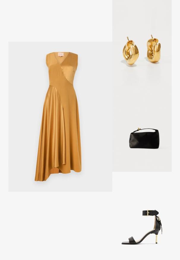 Roksanda WASHED SILK SATIN MIRAL DRESS - Vestido de cóctel - mustard; Sándal de tacón de cuero negro con punta cuadrada, correa en el tobillo con hebilla dorada y un tacón metálico esbelto. Textura suave, diseño minimalista.; Bolsa de terciopelo negro con forma redondeada, un asa superior y un cierre de acento dorado. Textura suave con un diseño minimalista.; Pendientes de aro grueso en oro con un diseño tubular ligeramente retorcido y cierre de presión, sobre un fondo blanco.