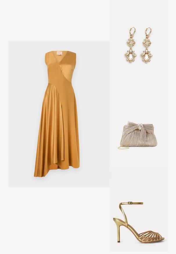 Roksanda WASHED SILK SATIN MIRAL DRESS - Cocktailkleid/festliches Kleid - mustard; Goldene High-Heel-Sandale mit dünnen Riemen, offenem Zehenbereich und verstellbarem Knöchelriemen mit kleiner Schließe.; Metallisch goldfarbene Clutch-Tasche mit plissiertem Stoff, einschließlich einer Schleifendetail oben und einem goldenen Kettenriemen für Vielseitigkeit und einfachen Transport.; Ohrringe mit Gold-Finish im Design eines Clusters, das runde und tropfenförmige klare Kristalle zeigt und aufwendige Details präsentiert.