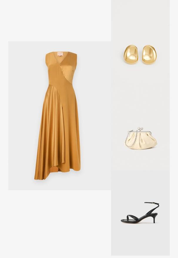 Roksanda WASHED SILK SATIN MIRAL DRESS - Cocktailkjole / festkjole - mustard; Sort damesandal i læder med tynde remme, en tå-loop, ankelspænde og en mellemhøj stiletthæl på en neutral baggrund.; Plisseret beige læderclutch med en sølvmetalramme, der har to runde dekorative låse og en sølvkædetrasporte.; Guldfarvede stud øreringe med en glat, rund form og en reflekterende overflade, der fremhæver et minimalistisk design uden synlige mønstre.