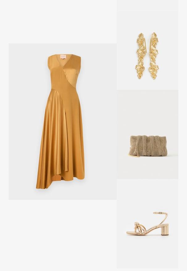 Roksanda WASHED SILK SATIN MIRAL DRESS - Kokteilikleit/peokleit - mustard; Kuldne metallik kontsandaal avatud varbaga, millel on raamitud esikujundus ja pahkluu rihm kinnitusega. Tõkke konts stabiilsuse tagamiseks.; Väike kuldne võrgust õlalehmakott volditud disainiga ja osaliselt nähtava kuldse ketiga, ühevärvilise valge taustaga.; Kuldseid, mis on kujundatud kaskaadsete lehtedena, sisaldades detailseid lehemustreid ja läikivat metallist viimistlust. Kerged ja delikaatse struktuuriga.