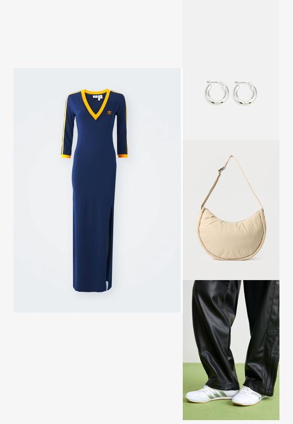 Marineblauwe maxi-jurk met een V-hals, driekwart mouwen, gele accenten op de halslijn en de manchetten, en een zijsplit. Bevat een geborduurd logo.; Zwarte faux leren broek met een losse pasvorm, voorzien van een gladde textuur en zijstrepen. Gepaarde met witte sneakers met zilveren accenten.; Beige schoudertas in halve maanvorm met een zachte, gewatteerde textuur. Voorzien van een verstelbare riem en een ritssluiting langs de bovenkant.; Zilveren oorbellen in de vorm van een ring met een gepolijste afwerking, met een cirkelvorm en een scharnierende postsluiting. Glad oppervlak met minimale details.