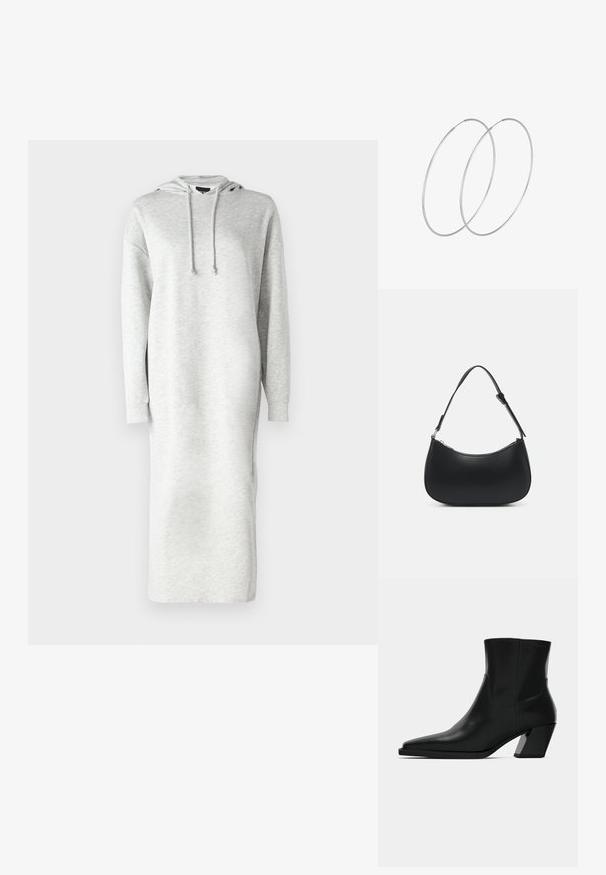 Hoodie-Kleid mit langen Ärmeln aus leicht grauem Sweatstoff, das einen lockeren Schnitt, seitliche Schlitze und eine Anpassungsschnur an der Kapuze aufweist.; Schwarze Leder-Stiefelette mit spitzem Zeh, schlanker Silhouette und klobigem quadratischem Absatz. Glatte Textur mit minimalen Nähdetails.; Pieces PCALUANA SHOULDER BAG - Handtasche - black; Silberne Creolen mit minimalistischem Design. Rundform, glatte Oberfläche und dünnes Profil. Leichtgewichtig mit hochglänzender Oberfläche.