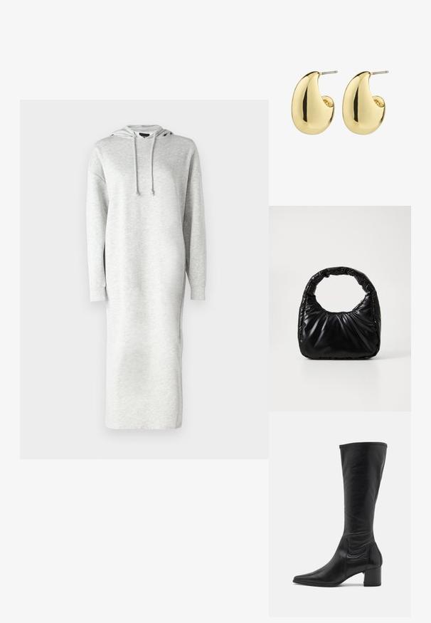 Hoodie-Kleid mit langen Ärmeln aus leicht grauem Sweatstoff, das einen lockeren Schnitt, seitliche Schlitze und eine Anpassungsschnur an der Kapuze aufweist.; Schwarzlederne Stiefel bis zum Knie mit spitzer Zehe, minimalen Nahtdetails und einem klobigen, quadratischen Absatz. Glatte Textur mit glänzendem Finish.; Schwarze gepolsterte Handtasche mit einem runden Griff, die eine glatte, glänzende Oberfläche und eine weiche, gestepfte Textur aufweist. Keine sichtbare Hardware oder Akzente.; Goldfarbene Steckerohrringe mit einer glatten, glänzenden Oberfläche, die eine abstrahierte, tropfenförmige Form aufweisen. Einfache Metallstiftbefestigung.