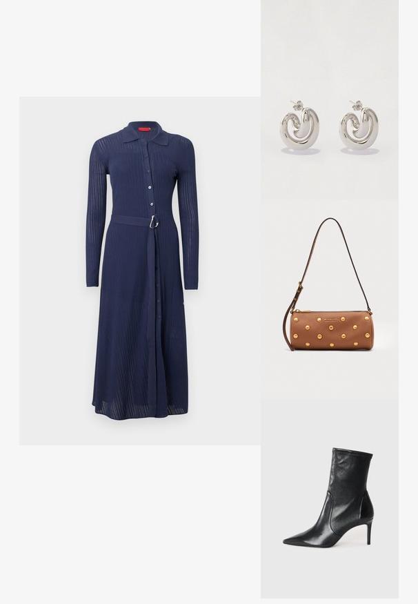 Robe bleu marine côtelée avec manches longues, fermeture à boutons sur le devant et taille ceinturée avec une boucle argentée. Elle comporte un col et une coupe longue jusqu'aux chevilles.; Bottes noires à la cheville en cuir lisse, dotées d'un bout pointu, d'un tige ajustée et d'un talon haut fin. Design minimaliste sans quincaillerie visible.; Sac à main cylindrique en cuir marron avec clous dorés, bandoulière réglable et logo Michael Kors doré sur le devant.; Boucles d'oreilles en métal argenté avec un design tourbillonnant, présentant des surfaces lisses et une finition polie, maintenues par un fermoir en papillon.
