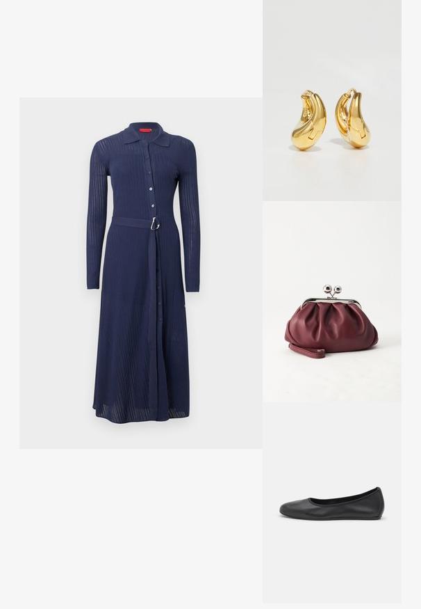 Robe bleu marine côtelée avec manches longues, fermeture à boutons sur le devant et taille ceinturée avec une boucle argentée. Elle comporte un col et une coupe longue jusqu'aux chevilles.; Ballerines en cuir noir avec un bout rond, texture lisse, détails de couture minimalistes et design de semelle flexible.; Petit sac pochette en cuir bordeaux avec fermoir métallique argenté et bracelet sur fond blanc.; Boucles d'oreilles en or en forme de d'anneaux lisses et courbés avec une finition polie. Équipées d'un mécanisme de fermeture et de légères indentations pour le détail.