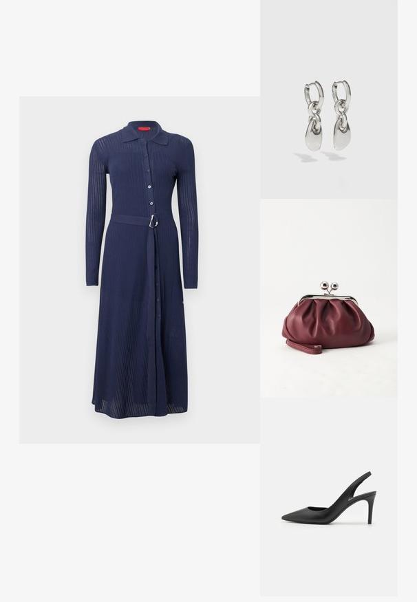 Robe bleu marine côtelée avec manches longues, fermeture à boutons sur le devant et taille ceinturée avec une boucle argentée. Elle comporte un col et une coupe longue jusqu'aux chevilles.; Escarpins à talon aiguille en cuir noir, avec un design à bout pointu, présentant une découpure à l'avant et un talon fin.; Petit sac pochette en cuir bordeaux avec fermoir métallique argenté et bracelet sur fond blanc.; Boucles d'oreilles en argent avec des maillons ovales allongés, présentant une finition polie et un pendentif tombant texturé. Design simple avec des bords lisses.
