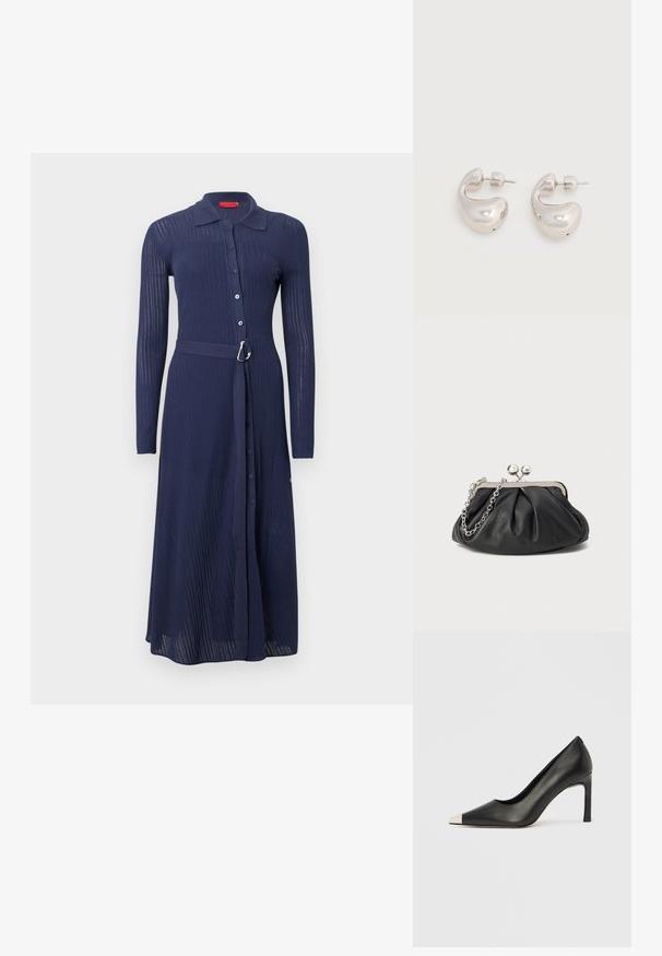 Robe bleu marine côtelée avec manches longues, fermeture à boutons sur le devant et taille ceinturée avec une boucle argentée. Elle comporte un col et une coupe longue jusqu'aux chevilles.; Chaussure à talon haut en cuir noir avec bout pointu et capuchon argenté métallique. Présente une finition lisse et un talon fin de 10 cm.; Porte-monnaie en cuir noir avec texture froncée, cadre en métal argenté, fermeture à verrouillage kiss-lock et bandoulière en chaîne. Surface lisse et douce.; Paire de boucles d'oreilles créoles épaisses argentées brillantes avec tige et fermoirs à pression sur fond blanc uni.