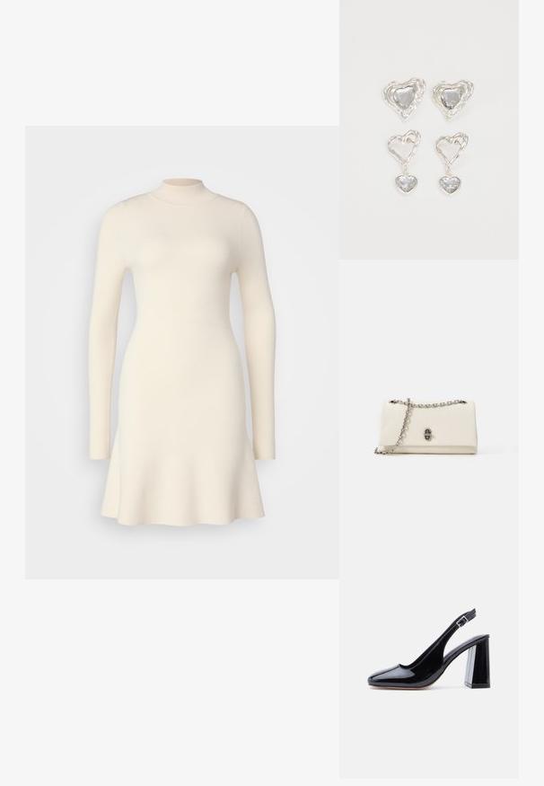 Gebreide jurk met lange mouwen in gebroken wit, met een hoge halslijn en een uitlopende zoom, gekenmerkt door een gladde textuur en een getailleerde lijfje.; Zwarte slingback schoen van lakleer met een ronde neus, verstelbare gesp en blokhak op een witte achtergrond.; Witte leren handtas met een zilveren kettinghengsel en een onderscheidende sluiting aan de voorkant. Gladde textuur en rechthoekige vorm met afgeronde hoeken.; Zilveren hartvormige oorbellen hebben facetteerbare heldere stenen en een textuurframe. De set bevat stud- en hangende stijlen.