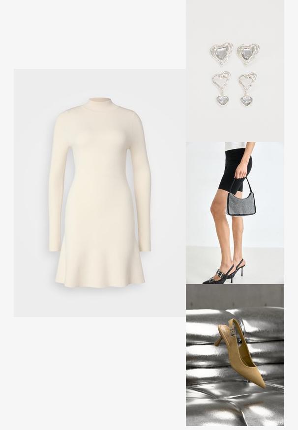Strickkleid mit langen Ärmeln in Off-White, hohem Ausschnitt und ausgestelltem Saum, das eine glatte Textur und einen taillierten Oberkörper aufweist.; Beiger Wildleder-Kittenheel-Slingback-Schuh mit silberner Schnalle, positioniert über einer glänzenden, metallischen, geknöpften Oberfläche.; Schwarze Perlen-Handtasche mit geschwungener Silhouette, Tragegriff und glänzender Textur. Kombiniert mit schwarzen High Heels und enganliegenden schwarzen Shorts.; Silberne herzförmige Ohrringe mit facettierten klaren Steinen und einem strukturierten Rahmen. Das Set umfasst Stecker- und Anhänger-Stile.
