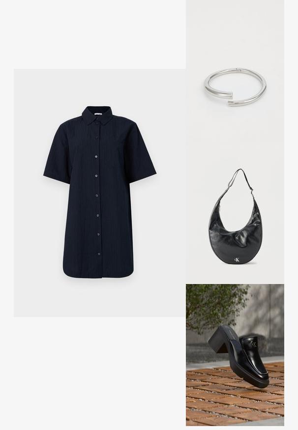Camisa de manga corta abotonada en azul marino oscuro con rayas verticales, que cuenta con un bolsillo en el pecho y un collar estructurado.; Mule tipo slip-on de cuero negro de Calvin Klein con tacón de bloque descansando sobre baldosas de madera al aire libre cerca de una planta verde y una pared gris.; Bolso de cuero negro en forma de media luna con correa ajustable y logotipo plateado "cK" en el frente, sobre fondo blanco.; Calvin Klein SPIRAL - Pulsera - silver-coloured