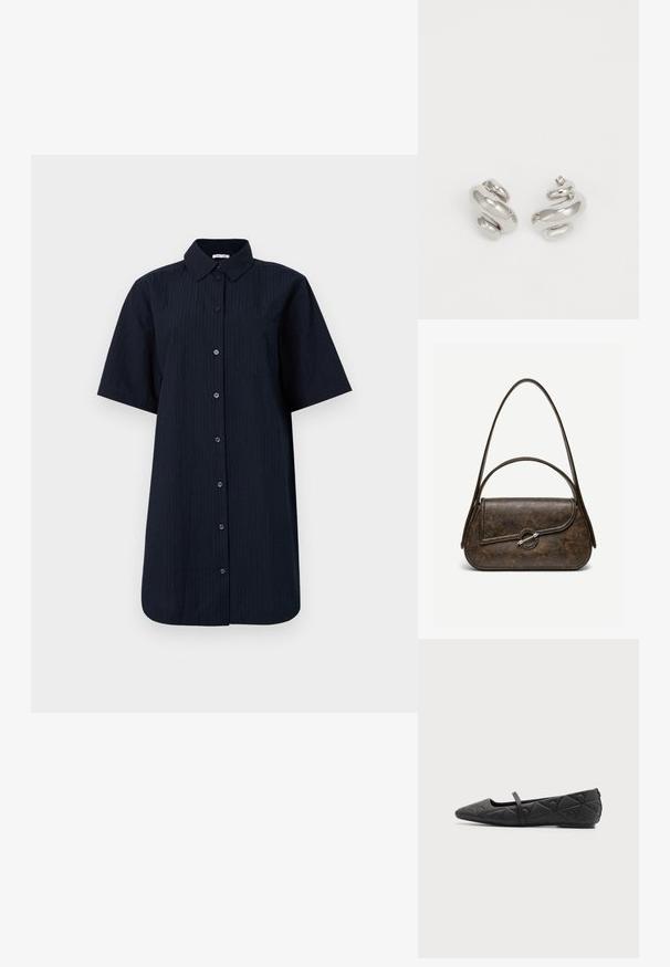 Chemise à manches courtes, à boutons, de couleur bleu marine foncé avec des rayures verticales, dotée d'une poche poitrine unique et d'un col structuré.; Chaussure plate noire à bout pointu avec motifs géométriques matelassés et une fine bride sur le cou-de-pied sur fond uni.; Sac à main en cuir brun foncé texturé avec deux anses, forme rectangulaire arrondie, et fermeture à bouton circulaire argenté sur le rabat avant.; Boucles d'oreilles en argent avec un design en spirale. Surface lisse et réfléchissante avec de petites courbes accentuées. Forme compacte adaptée à un port facile.