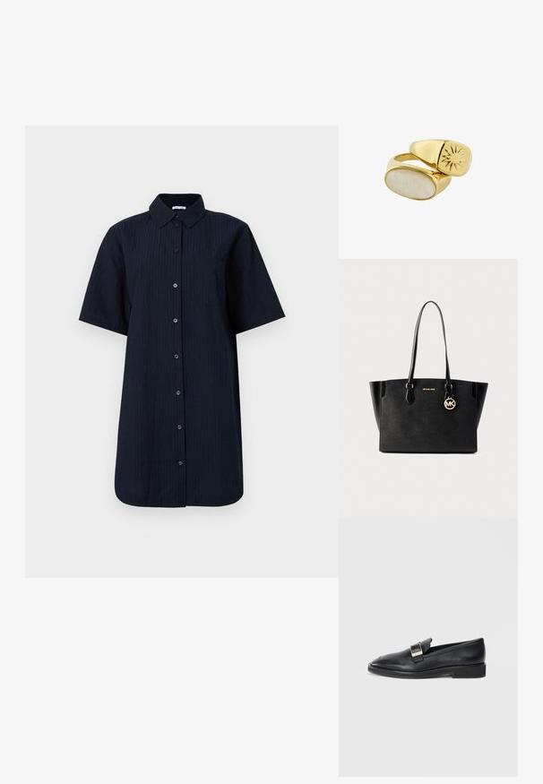 Chemise à manches courtes, à boutons, de couleur bleu marine foncé avec des rayures verticales, dotée d'une poche poitrine unique et d'un col structuré.; Mocassin en cuir noir avec une boucle rectangulaire en argent sur le dessus et un petit talon, sur fond blanc.; Sac fourre-tout en cuir noir avec double poignées, forme rectangulaire spacieuse, accessoires dorés et logo embossé à l'avant.; Deux bagues en or, l'une avec une pierre ovale blanche et l'autre avec une gravure en forme d'éclat de soleil sur la surface plate du dessus.