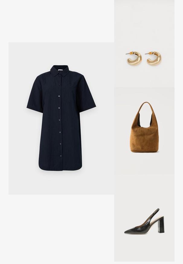 Korte mouwen, knoopsluiting overhemd in donker marineblauw met verticale streepjes, voorzien van een enkele borstzak en een gestructureerde kraag.; Zwarte leren slingback schoen met spits toelopend neusje, hoge blokhak en beige binnenvoering tegen een effen lichte achtergrond.; Bruine suède hobo-tas met een brede band en zachte, nonchalante structuur, afgebeeld tegen een eenvoudige lichte achtergrond.; Twee glanzende gouden hoepel oorbellen in een gebogen ontwerp, met oranje accenten bij de oorpost, tegen een eenvoudige witte achtergrond.