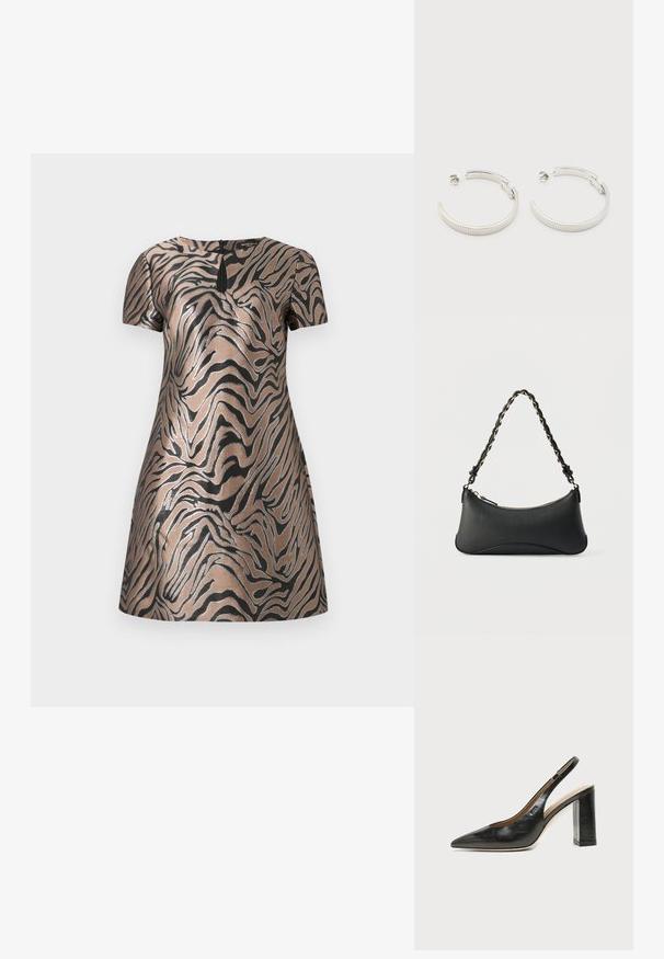 Robe à manches courtes en tissu bronze métallique avec des motifs en rayures de tigre noires et un discret détail en forme de clé à l'arrière.; Chaussure slingback en cuir noir à bout pointu avec un talon bloc haut et une doublure intérieure beige sur un fond clair uni.; Sac à bandoulière en cuir noir de forme rectangulaire incurvée, avec une chaîne dorée tissée dans la bandoulière noire tressée et une fermeture éclair sur le dessus.; Boucles d'oreilles demi-cercles ton argent avec texture striée et fermoirs à pression sur fond blanc.