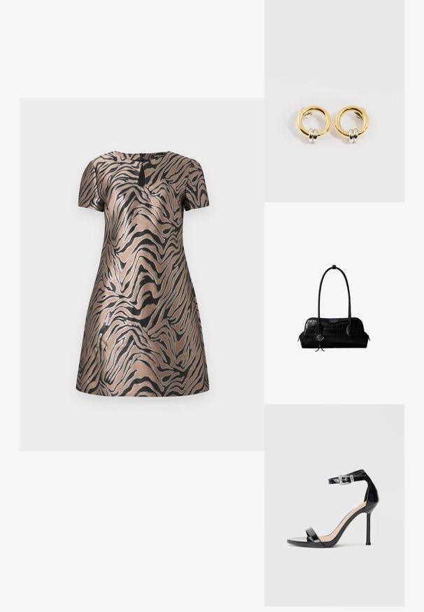 Robe à manches courtes en tissu bronze métallique avec des motifs en rayures de tigre noires et un discret détail en forme de clé à l'arrière.; Sandale à talon haut en cuir verni noir avec bride à la cheville. Présente un design minimaliste, un bout ouvert et une boucle ornée de strass.; Sac à épaule en cuir noir à texture crocodile, avec de longues sangles et un petit charm logo argenté sur une sangle.; Boucles d'oreilles circulaires en or avec deux petites bagues en argent sur chacune, affichant des détails subtils du nom de la marque gravé, posées sur un fond blanc.
