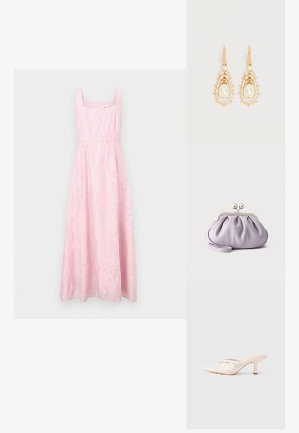 Robe rose sans manches avec un décolleté carré, ornée de broderies florales et une coupe évasée en ligne A. Fermeture éclair dissimulée au dos.; Chaussure mule en tissu beige clair avec un design noué à l'avant, bout pointu et talon fin et effilé. Texture lisse dans l'ensemble.; Pochette lavande douce avec tissu froncé, fermoir kiss-lock argenté et bracelet assorti sur un fond clair uni.; Boucles d'oreilles pendantes en ton or avec des perles fantaisie en forme de larme, entourées de petits cristaux clairs et d'ornements en cristal en forme de feuille.