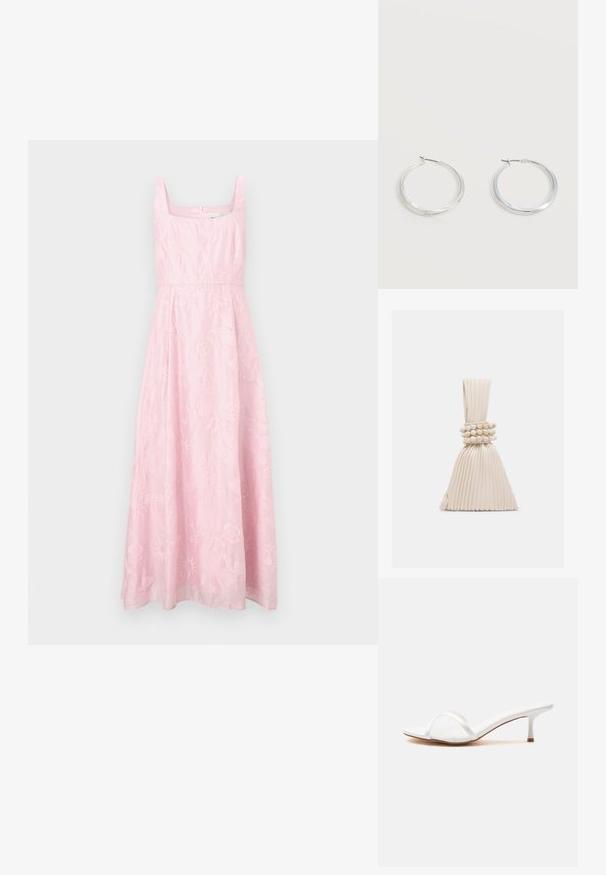 Robe rose sans manches avec un décolleté carré, ornée de broderies florales et une coupe évasée en ligne A. Fermeture éclair dissimulée au dos.; Mule blanche à bout ouvert avec une fine bride transparente sur le devant et un petit talon kitten sur une surface unie.; Petit sac à main beige plissé avec une anse nouée et trois bracelets ronds en perles enroulés autour du milieu.; Boucles d’oreilles créoles en métal argenté avec une surface lisse légèrement incurvée et des fermoirs à clapet sur un fond blanc uni.