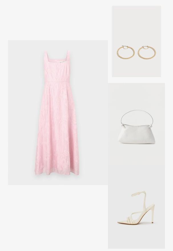 Robe rose sans manches avec un décolleté carré, ornée de broderies florales et une coupe évasée en ligne A. Fermeture éclair dissimulée au dos.; Sandales à talons hauts beiges avec un bout pointu, comportant trois brides à l'avant et une fine bride à la cheville avec une boucle. Texture lisse, design minimaliste.; Sac à main en cuir tressé blanc avec poignée arrondie et extrémités de lanière nouées, présenté sur un fond uni.; Paire de boucles d'oreilles créoles en or de taille moyenne avec un design texturé et perlé sur un fond clair uni.