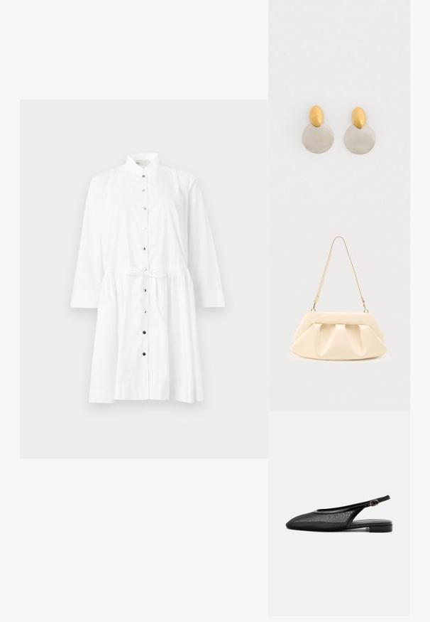 Hvid skjortekjole med mandarin-krave, lange ærmer, indsnævret talje med bånd og kontrasterende sorte knapper langs forsiden.; Sort slingback flad sko med spids tå, mesh overdel, justerbar spænde rem og lav stablet hæl på hvid baggrund.; Cremefarvet læderhåndtaske med sammenrullede plisseringer, guldfarvet hardware og en enkelt tynd skulderrem på en ensfarvet baggrund.; Guld- og sølvmetalløreringe med en rund skivebund og et ovalt topstykke, glat tekstur og poleret finish.