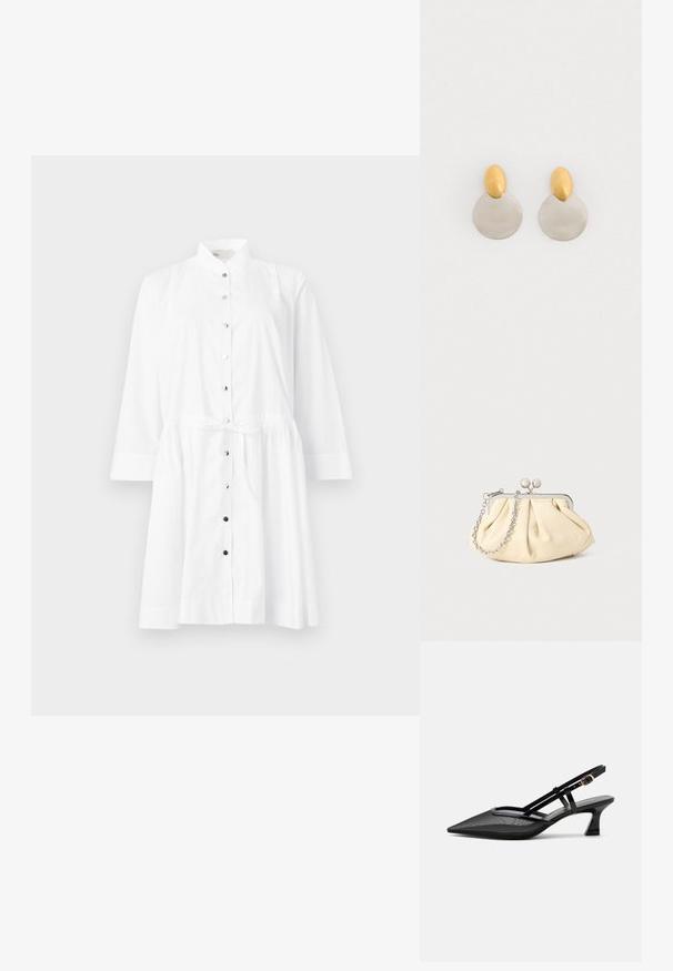 Witte button-up jurk met een mandarin kraag, lange mouwen, een strakke taille met een strik en contrasterende zwarte knopen aan de voorkant.; Zwarte slingbackschoen met puntige neus, mesh bovenwerk, dunne bandjes, gouden gesp en lage gebogen hak op witte achtergrond.; Geplooide beige leren clutch met een zilveren metalen frame, voorzien van twee ronde decoratieve sluitingen en een zilveren kettingriem.; Gouden en zilveren metalen oorbellen met een ronde schijfbasis en een ovale bovenstuk, gladde textuur en gepolijste afwerking.