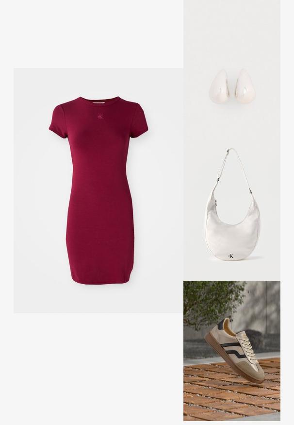 Burgunderfarbenes Kurzarmkleid, taillierte Schnittführung, runder Halsausschnitt, weicher Baumwollstoff, mit dezentem Logo-Stickerei auf der Brust.; Beige und schwarzer Sneaker mit Schnürdesign, Velourszehe und Gummisohle, schwebend über einem Holzdielenboden mit grauer Wand und Grün im Hintergrund.; Weiße, halbmondförmige Schultertasche mit verstellbarem Riemen und schwarzem „cK“-Logo in der Nähe der unteren Mitte vor einfarbigem Hintergrund.; Silberne Metall-Ohrringe in Tropfenform mit einer glatten, reflektierenden Oberfläche, die ein nahtloses Design und keine sichtbaren Verzierungen aufweisen.