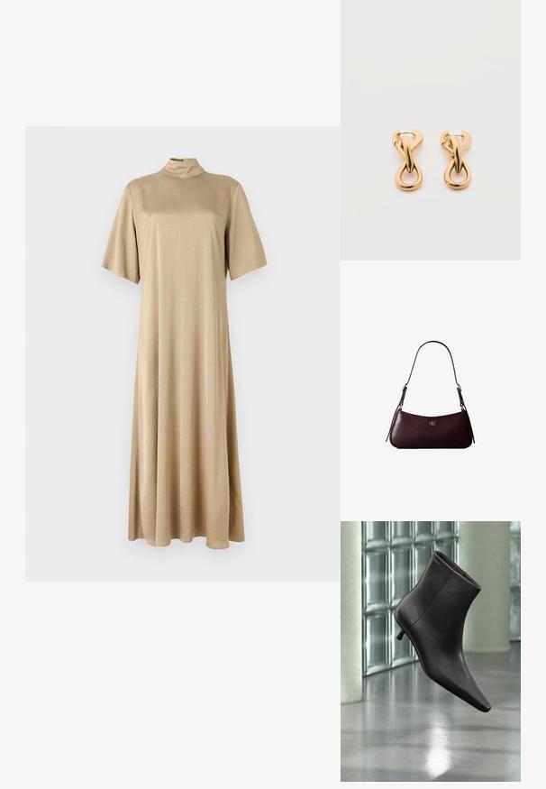 Beige, knælængde kjole med høj hals og korte ærmer. Lavet af glat stof, med en afslappet pasform og et enkelt design.; Sort læderankelstøvle med spids tå og lille hæl vist mod en væg af glasblokke og poleret gulv baggrund.; Mørk bordeaux læderhåndtaske med en tynd sort skulderrem og lille gyldent "cK" logo foran i midten.; Par af skinnende guldfarvede hoop-øreringe med snoet, flettet design på en enkel hvid baggrund.
