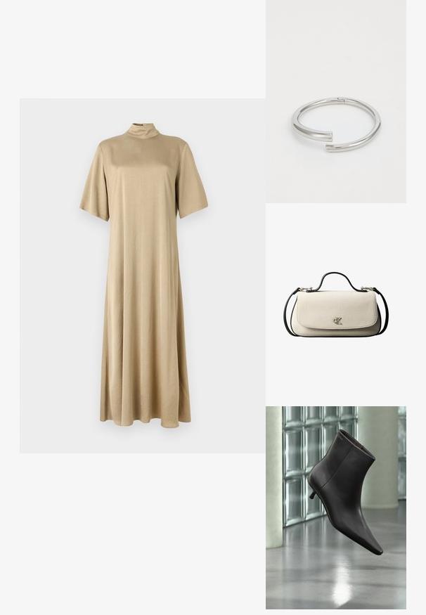 Vestido beige hasta las rodillas con cuello alto y mangas cortas. Hecho de una tela suave, presenta un corte holgado y un diseño sencillo.; Bota de cuero negro para el tobillo con puntera puntiaguda y tacón pequeño, exhibida frente a una pared de bloques de vidrio y un suelo pulido.; Bolso rectangular de color crema con correa y asa negras, cierre frontal con solapa y pequeño logo plateado "cK" en el centro del frente.; Calvin Klein SPIRAL - Pulsera - silver-coloured