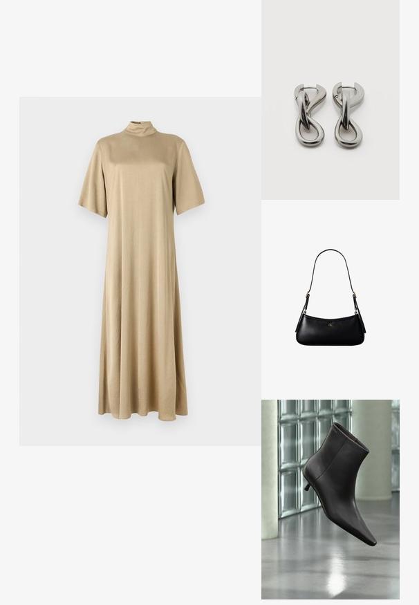 Beige, knælængde kjole med høj hals og korte ærmer. Lavet af glat stof, med en afslappet pasform og et enkelt design.; Sort læderankelstøvle med spids tå og lille hæl vist mod en væg af glasblokke og poleret gulv baggrund.; Sort læder mini skuldertaske med tynd rem og lille gyldent CK-logo på fronten i midten.; Par af sølvtonede metale øreringe med abstrakt sammenflettet løbedesign på hvid baggrund.