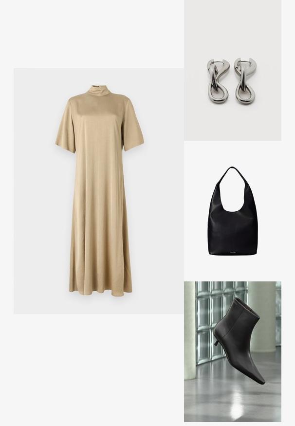 Beige, knielange jurk met hoge hals en korte mouwen. Gemaakt van zachte stof, met een relaxte pasvorm en eenvoudig ontwerp.; Zwarte leren enkellaars met puntige neus en lage hak, afgebeeld tegen een glazen blokkenmuur en gepolijste vloer op de achtergrond.; Zwarte leren totebag met een enkele brede schouderriem en een subtiel Calvin Klein-logo onderaan het midden.; Set zilverkleurige metalen oorbellen met een abstract ontwerp van in elkaar grijpende lussen op een witte achtergrond.