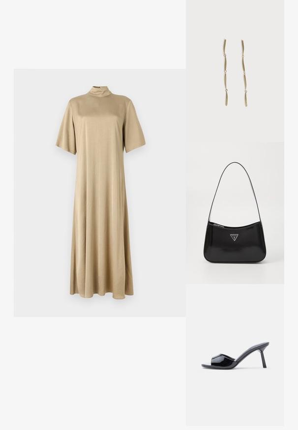 Vestido beige hasta las rodillas con cuello alto y mangas cortas. Hecho de una tela suave, presenta un corte holgado y un diseño sencillo.; Sandalias de tacón con punta abierta de charol negro, con un diseño superior curvado y tacón de aguja cónico. Acabado liso y brillante.; Bolso de hombro de charol negro con forma curva, que presenta un logotipo triangular plateado y un cierre de cremallera. Textura suave y correa delgada.; Pendientes largos de oro compuestos por cuatro barras curvadas enlazadas y alargadas sobre un fondo blanco.