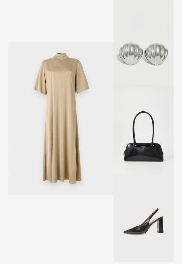 Beige, knælængde kjole med høj hals og korte ærmer. Lavet af glat stof, med en afslappet pasform og et enkelt design.; Sort læder peep-toe slingback sko med høj blokhæl og beige indvendig foring mod en ensfarvet lys baggrund.; Sort glanshandtaske med en buet silhuet, to håndtag og en frontlogo-plakette. Lynlås lukning og skinnende hardware-detaljer.; To sølvfarvede kompakte spejle formet som muslingeskaller med ribbede detaljer, placeret side om side på en hvid baggrund.