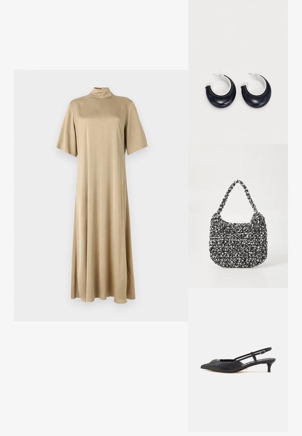 Vestido beige hasta las rodillas con cuello alto y mangas cortas. Hecho de una tela suave, presenta un corte holgado y un diseño sencillo.; Zapatos slingback negros con punta afilada, hechos de material suave, con un pequeño tacón y un acento decorativo plateado en el empeine.; Bolso de mano tejido en blanco y negro con forma redondeada, superficie texturizada y asa trenzada. Adecuado para uso casual.; Pendientes de aro de resina negra con acabado brillante y acentos de hardware en tono plateado. Forma circular con un corte y cierre a presión.