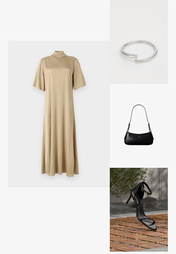 Beige, knielange jurk met hoge hals en korte mouwen. Gemaakt van zachte stof, met een relaxte pasvorm en eenvoudig ontwerp.; Zwarte hoge hak sandaal met enkelbandje zweeft boven een houten tegelvloer buiten, met een onscherpe groene en stenen achtergrond.; Zwarte leren mini schoudertas met een dun riempje en klein goudkleurig CK-logo aan de voorkant in het midden.; Calvin Klein SPIRAL - Armband - silver-coloured