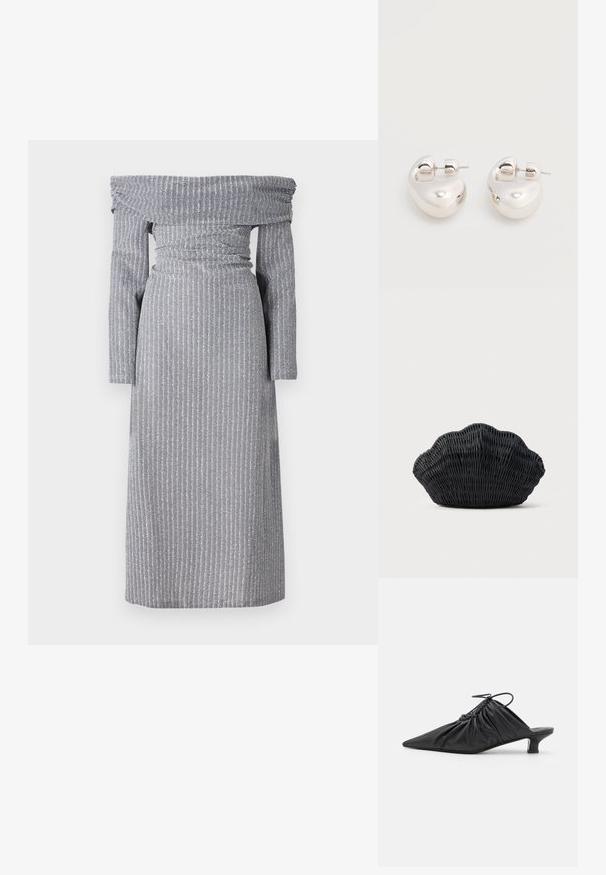 Vestido off-the-shoulder en gris claro con sutiles rayas verticales, cintura ajustada, mangas largas y una silueta fluida. Textura de tela suave.; Mules negros de cuero sin hebillas con punta afilada, textura recogida y un pequeño tacón de gato. Presentan un detalle de cordón en la abertura.; Bolso de mimbre negro con forma de concha de vieira con parte superior curva y textura tejida sobre un fondo liso.; Par de pendientes llamativos de aro grueso plateado brillante con cierre de poste sobre un fondo blanco liso.