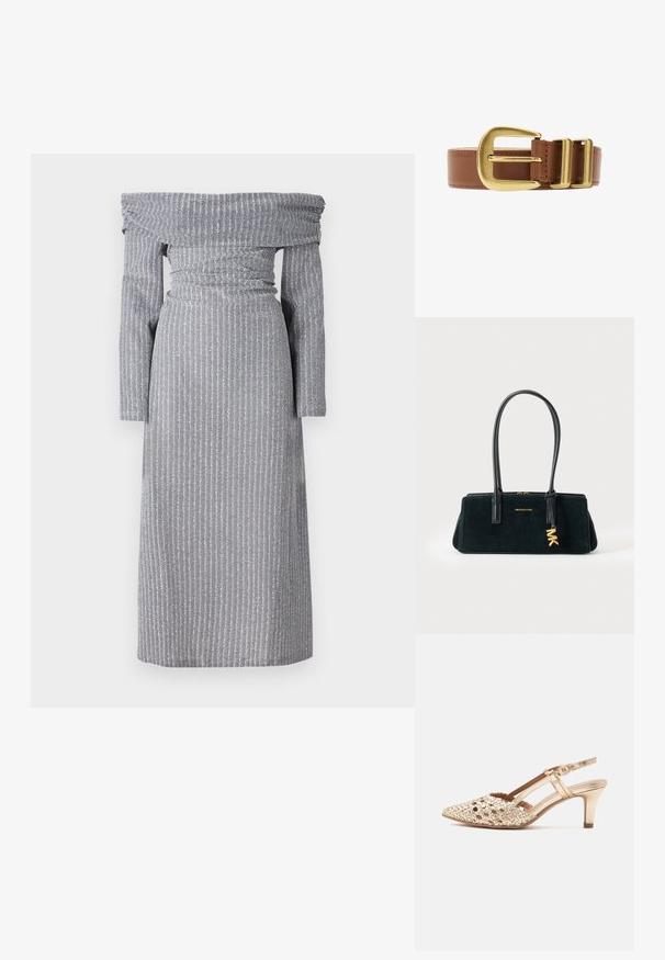 Off-shoulder jurk in lichtgrijs met subtiele verticale stripes, aansluitende taille, lange mouwen en een vloeiende silhouette. Zachte stoffen textuur.; Gouden geweven slingback met puntige neus, lage kittenhak en verstelbare enkelriem gesp op effen achtergrond.; Zwarte rechthoekige Michael Kors handtas met dubbele handvatten en een gouden MK-logo bedel hangend aan één handvat.; Bruine leren riem met een grote messing gesp en twee verstelbare metalen pinnen, met zichtbare stiksels langs de randen.