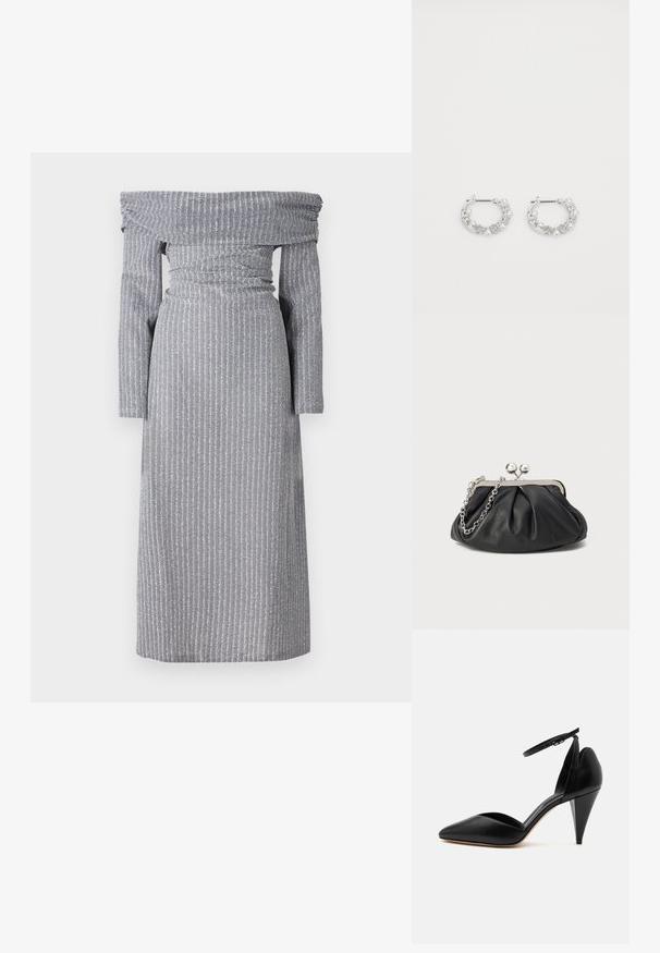 Off-shoulder jurk in lichtgrijs met subtiele verticale stripes, aansluitende taille, lange mouwen en een vloeiende silhouette. Zachte stoffen textuur.; Zwarte leren pump met spitse neus, enkelriem en kegelvormige hak op een witte achtergrond.; Zwarte leren clutch met geplooide textuur, zilverkleurig metalen frame, drukknopsluiting en kettingriem. Glad, zacht oppervlak.; Zilveren oorringen met parel- en kristalaccenten, met een gestructureerd oppervlak en een veilige postsluiting.