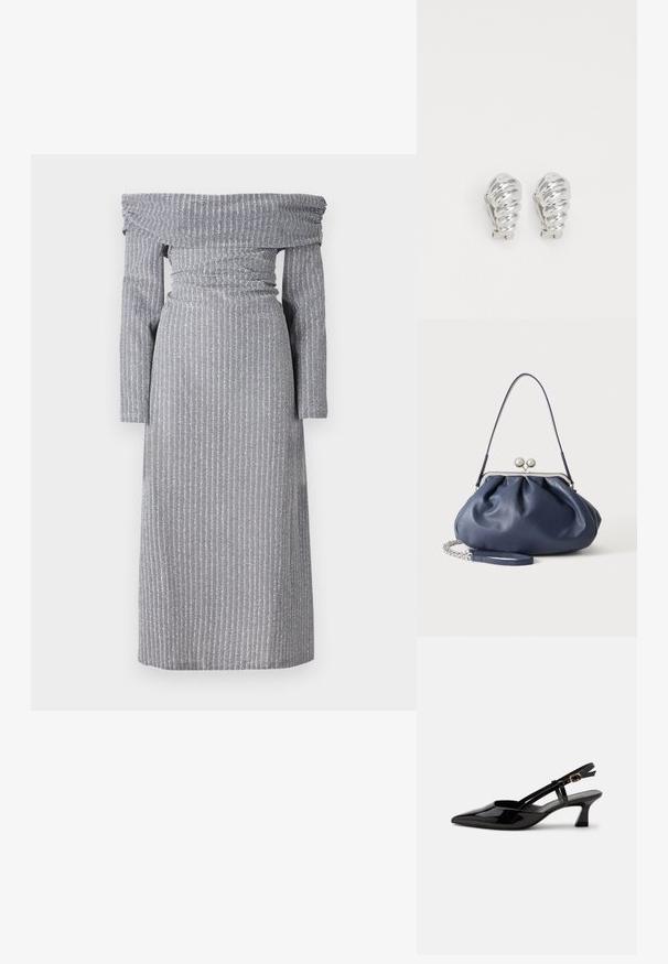 Schulterfreies Kleid in Hellgrau mit dezenten vertikalen Streifen, tailliertem Schnitt, langen Ärmeln und fließender Silhouette. Weicher Stoff.; Schwarzer Slingback-Pumps aus Lackleder mit spitzer Spitze und verstellbarem goldfarbenem Riemen auf weißem Hintergrund.; Weiche navyblaue Ledertasche mit silberner Verschlussklammer, einem einzelnen Schulterriemen und abnehmbarem Ketten-Handgelenksriemen auf weißem Hintergrund.; Silberne Clip-On-Ohringe mit spiralförmigem Design, das eine glatte metallische Textur und abgerundete Formen aufweist. Keine sichtbaren Verzierungen oder Muster.