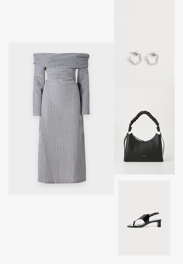 Robe décolletée en gris clair avec des rayures verticales subtiles, taille cintrée, manches longues et une silhouette fluide. Texture de tissu douce.; Sandale pour femme en cuir verni noir, talon bloc bas, bout ouvert, bride arrière et petite boucle dorée sur fond uni.; Sac à main en cuir noir avec une silhouette incurvée, une poignée tressée et des accents en métal doré. Présente une fermeture éclair et une finition texturée.; Paire de petites boucles d'oreilles créoles en argent avec des formes ondulées irrégulières et des fermoirs à tétons sur fond blanc uni.
