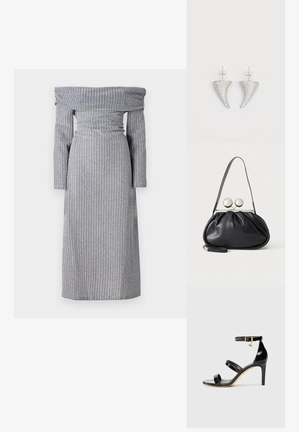 Vestido off-the-shoulder en gris claro con sutiles rayas verticales, cintura ajustada, mangas largas y una silueta fluida. Textura de tela suave.; Sandalia de charol negro con tres correas, hebilla en el tobillo y tacón de aguja de 10 cm. Presenta detalles de hardware en oro y un charm con el logo.; Bolso de mano de cuero negro con diseño fruncido, una sola correa, marco metálico plateado y dos cierres grandes redondos de plata.; Pendientes en forma de cuerno plateado, engastados con pequeñas piedras transparentes, que cuentan con un cierre trasero para su sujeción. Textura suave y acabado metálico.