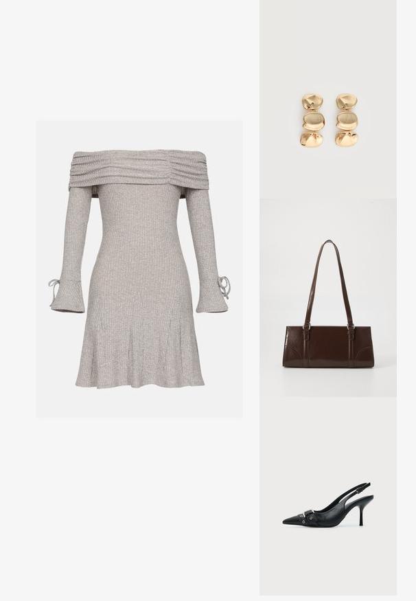 Grå off-shoulder kjole med ribbet tekstur, lange ærmer med bindebånd og en flagrende nederdel.; Sort læder højhælet sko med spidst tåparti, slingback og rem med spænde og nitter foran.; Brun lakeret håndtaske med rektangulær form, to lange håndtag og subtile buede detaljer på fronten.; Øreringe i guldfarve med dråbeform og tre uregelmæssige, glatte, afrundede segmenter stablet lodret på en enkelt lys baggrund.