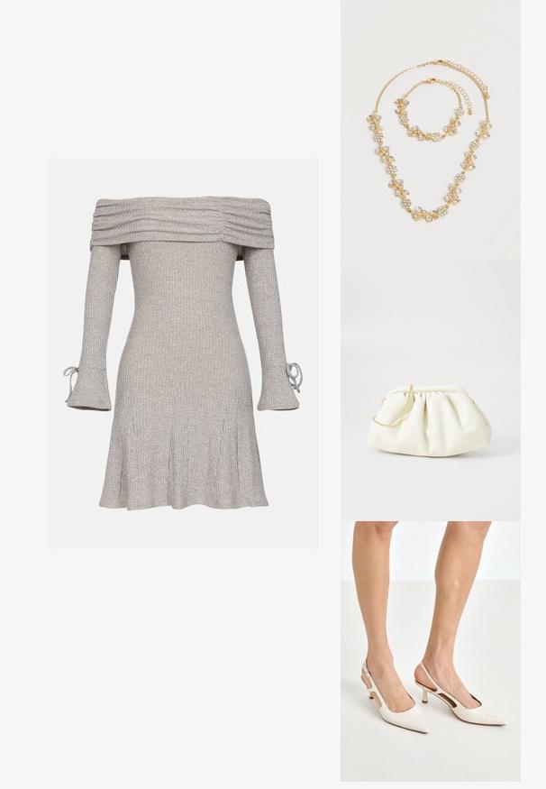 Grijze off-the-shoulder jurk met geribbelde textuur, lange mouwen met strikdetails en een uitlopende rok.; Beige gepatineerde leren slingback hakken met een spitze neus en een hak van 5 cm, met uitsparingen aan de zijkanten en een dunne enkelband.; Witte leren handtas met een geassembleerd ontwerp, voorzien van een gouden kettingband en een ronde vorm. Gladde textuur met zachte plooien en geen patronen.; Goudkleurige ketting- en armbandsset met heldere kristallen bloemen- en bladontwerpen, beide met verstelbare kettingsluitingen op een witte achtergrond.