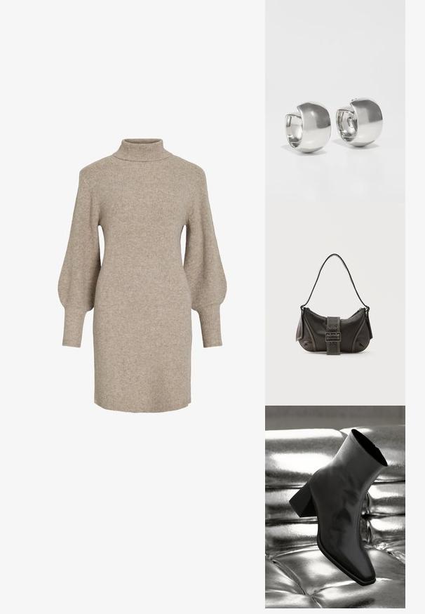 Robe-pull en maille côtelée beige avec col montant et manches bouffantes, présentant une texture douce et une longueur mi-cuisse.; Botte noire à la cheville en matériau brillant avec un bout carré et un talon effilé, sur un fond argenté brillant et capitonné.; Sac à épaule en cuir noir avec une sangle à boucle, des bords arrondis et des coutures blanches contrastées sur un fond uni.; Uncommon Matters SCULPTURAL LARGE CREOLE - Boucles d'oreilles - silver-coloured